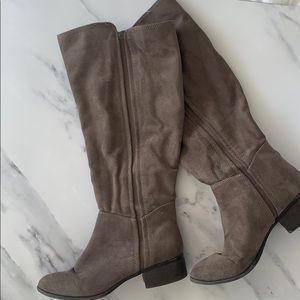 Gray Wide Cafe Knee High Faux Suede Boots